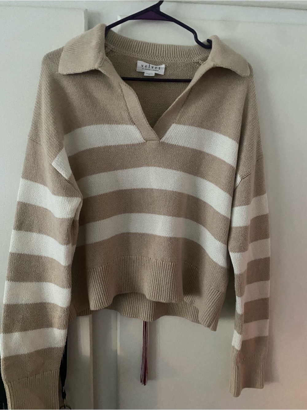 Velvet by Graham & Spencer Beige and White Striped V‑Neck Polo Sweater